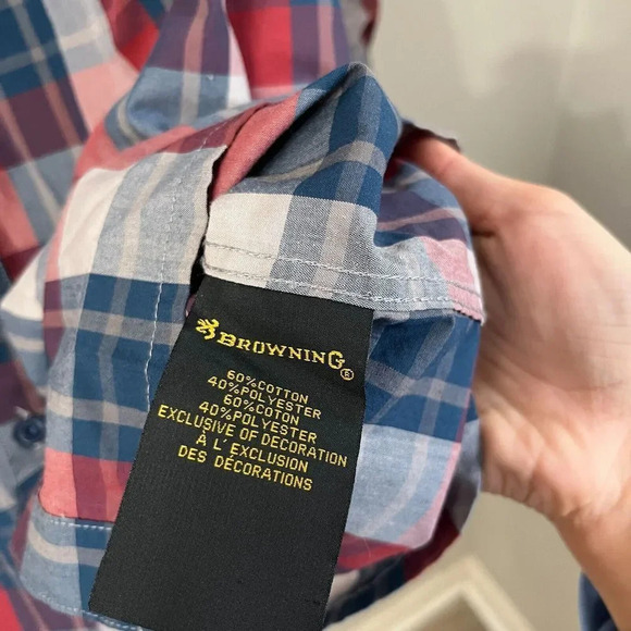 Browning Mens Red Blue Western Plaid Button Down Long Sleeve Shirt Large Pockets - Picture 9 of 9